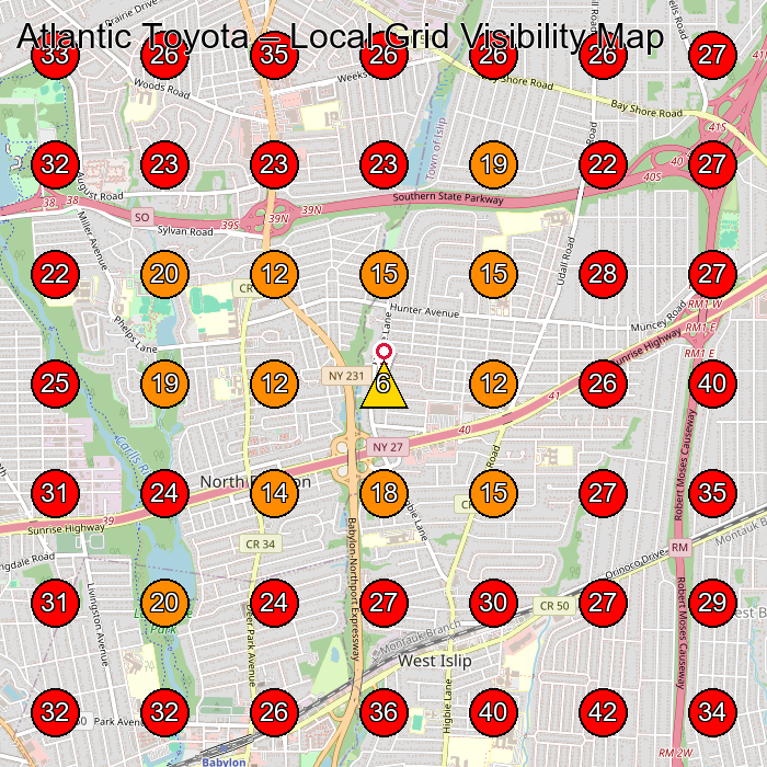 Atlantic Toyota GeoGrid visibility map for Jeep Dealer in West Islip